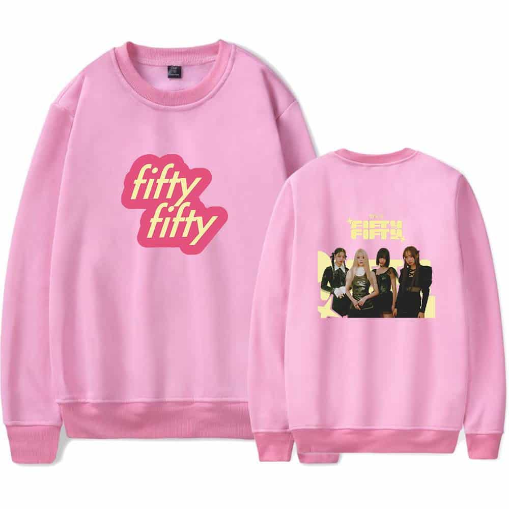Fifty fifty pink sweatshirt with graphic design and group photo on back.