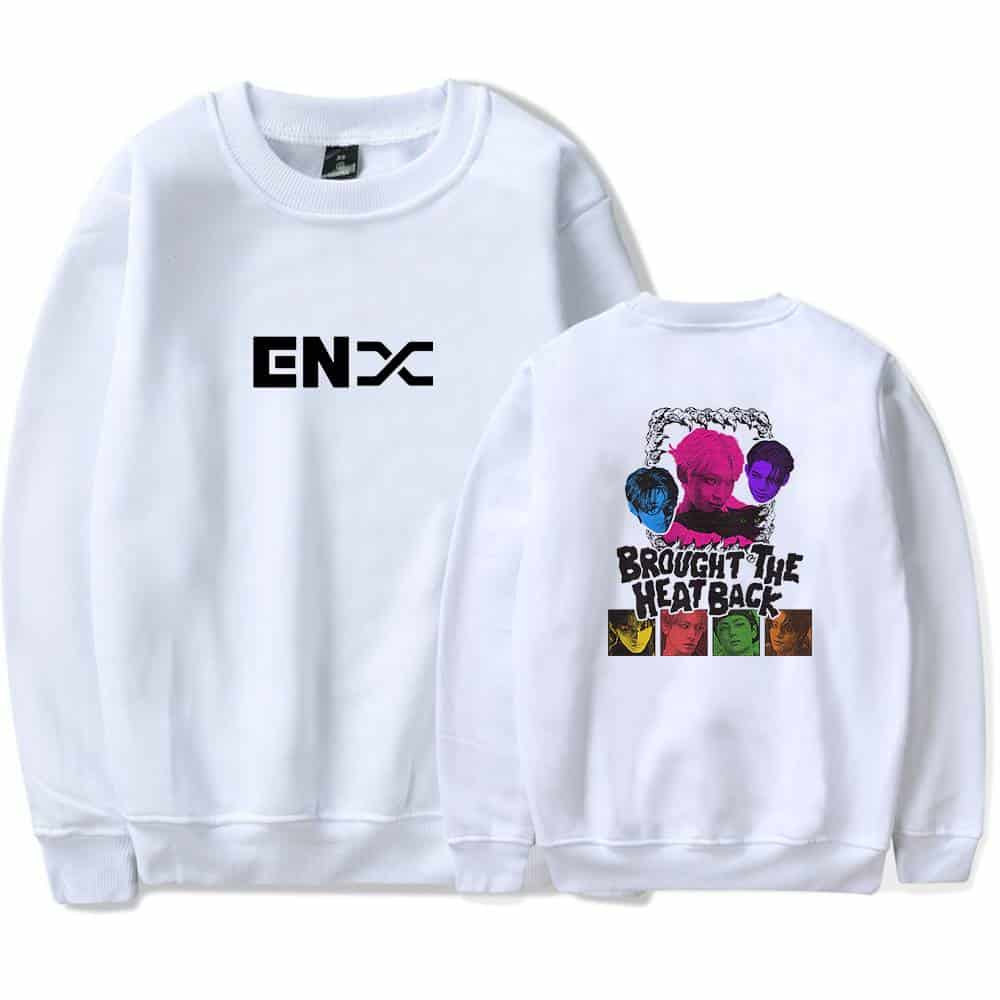 ENX logo sweatshirt with a colorful pop art back design featuring diverse faces and the text "Brought the Heat Back" in bold font. Perfect for fans of streetwear and graphic style.