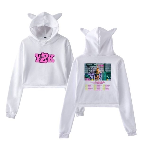 Y2k hoodie with cat ears, front and back design, streetwear style for fans of 2000s fashion and nostalgia, featuring bold pink text and a colorful graphic print. perfect for casual and trendy outfits.