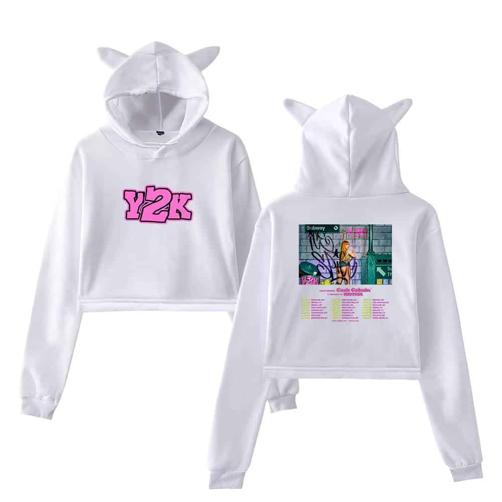 Y2k hoodie with cat ears, front and back design, streetwear style for fans of 2000s fashion and nostalgia, featuring bold pink text and a colorful graphic print. perfect for casual and trendy outfits.