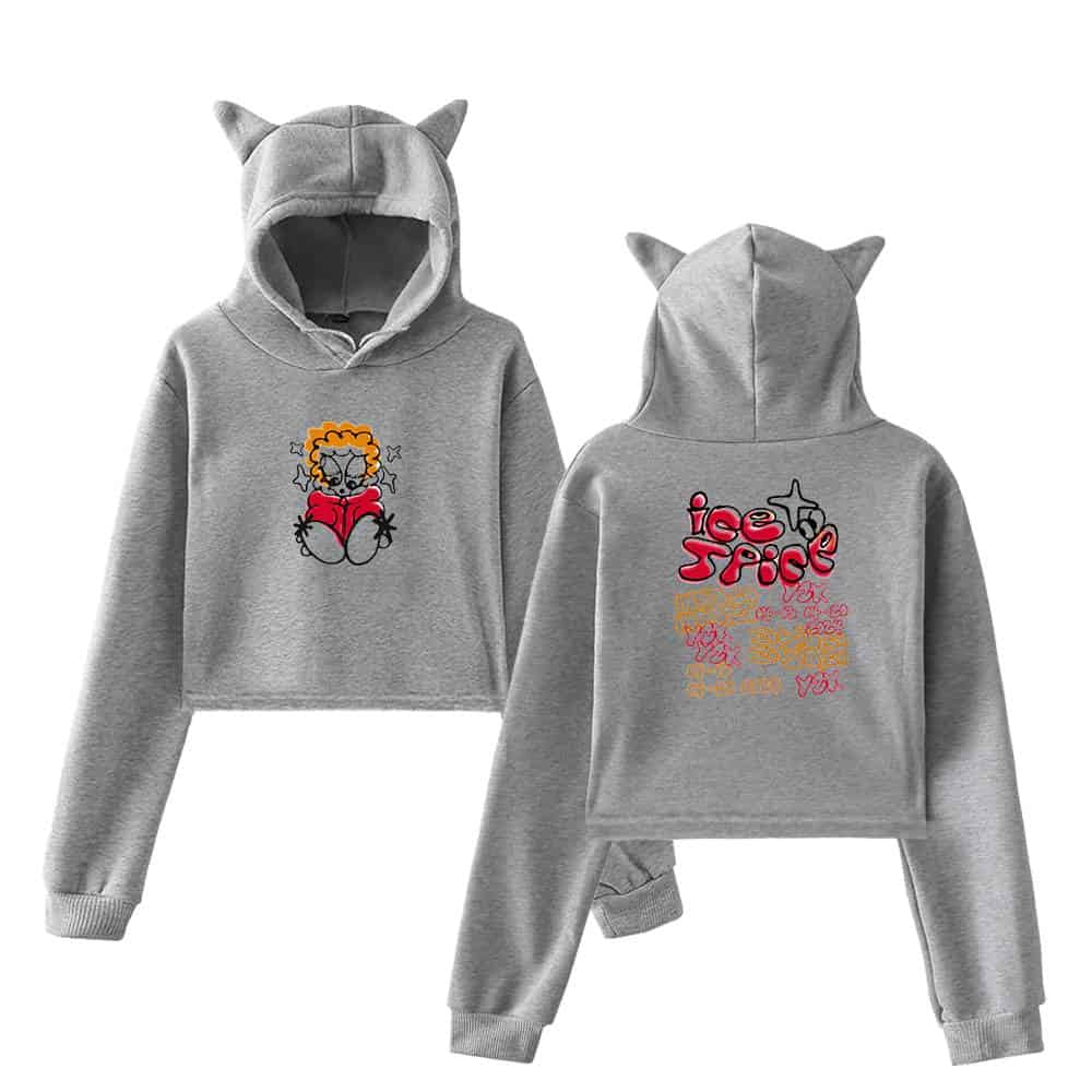 Cute grey hoodie and jogger set with playful ice cream and graffiti-inspired designs, featuring a hood with bear ears, perfect for casual wear and street style fashion.