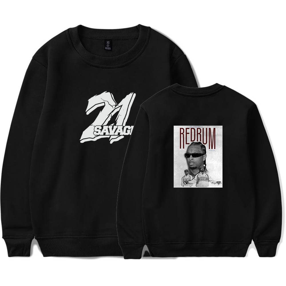 High-quality black sweatshirt featuring bold graphic designs of a racing car and a police officer with "21 SAVAGE" and "REDRUM" text, perfect for fans of streetwear and hip-hop.
