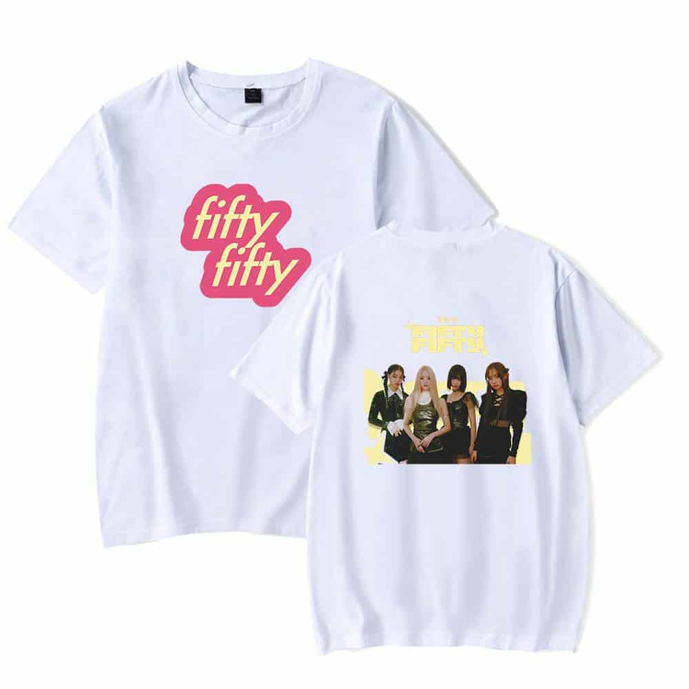 Fifty-fifty band graphic T-shirt, K-pop merchandise, colorful pop culture apparel, fan gift, stylish casual wear, group photo print, trendy graphic tee.