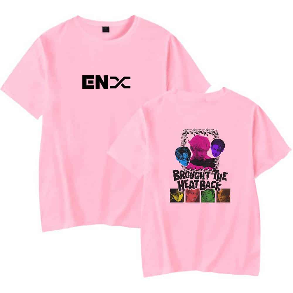 EN-X pink graphic t-shirt with band artwork and slogan "Brought the Heat Back." Perfect for fans and fashion enthusiasts seeking bold, colorful merchandise.
