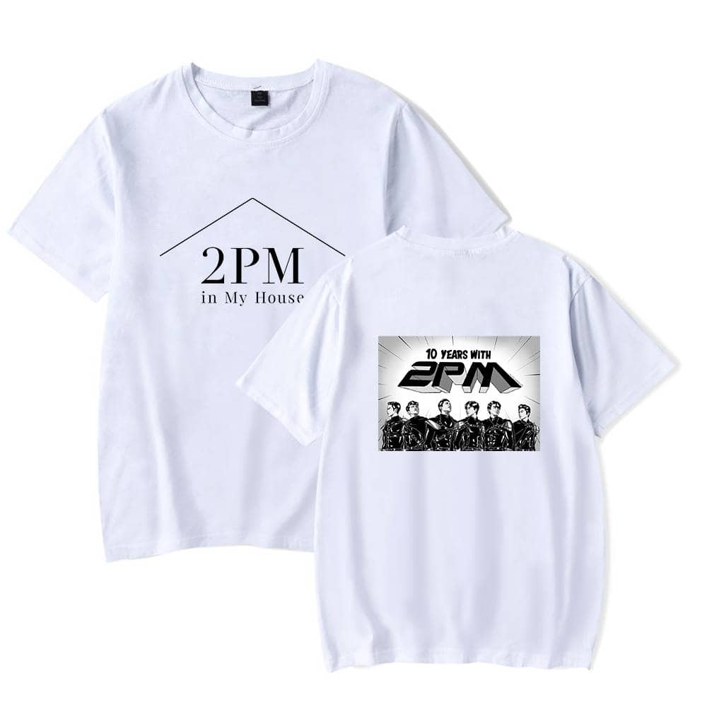 2PM in My House shirt celebrating 10 years with the K-pop group 2PM, featuring minimalist text on the front and a graphic of the group on the back. Perfect merch for fans.