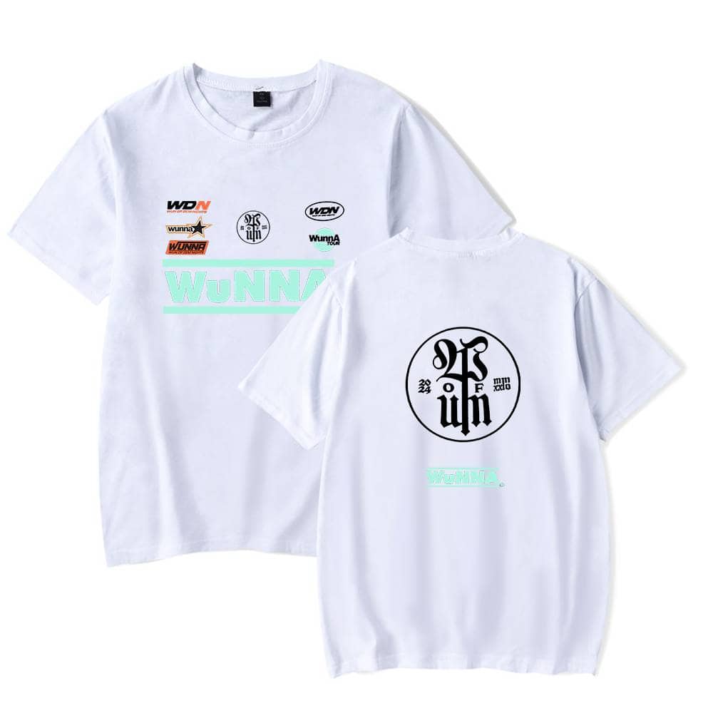 Wdn logo streetwear graphic t-shirt with multiple patches and neon "WuNNA" text on front.
