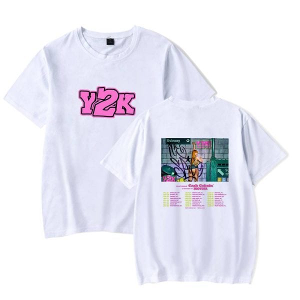 Y2K graphic t-shirt featuring a pink graffiti-style logo on the front and a colorful subway-inspired design with a woman on the back, perfect for nostalgia and streetwear fashion.