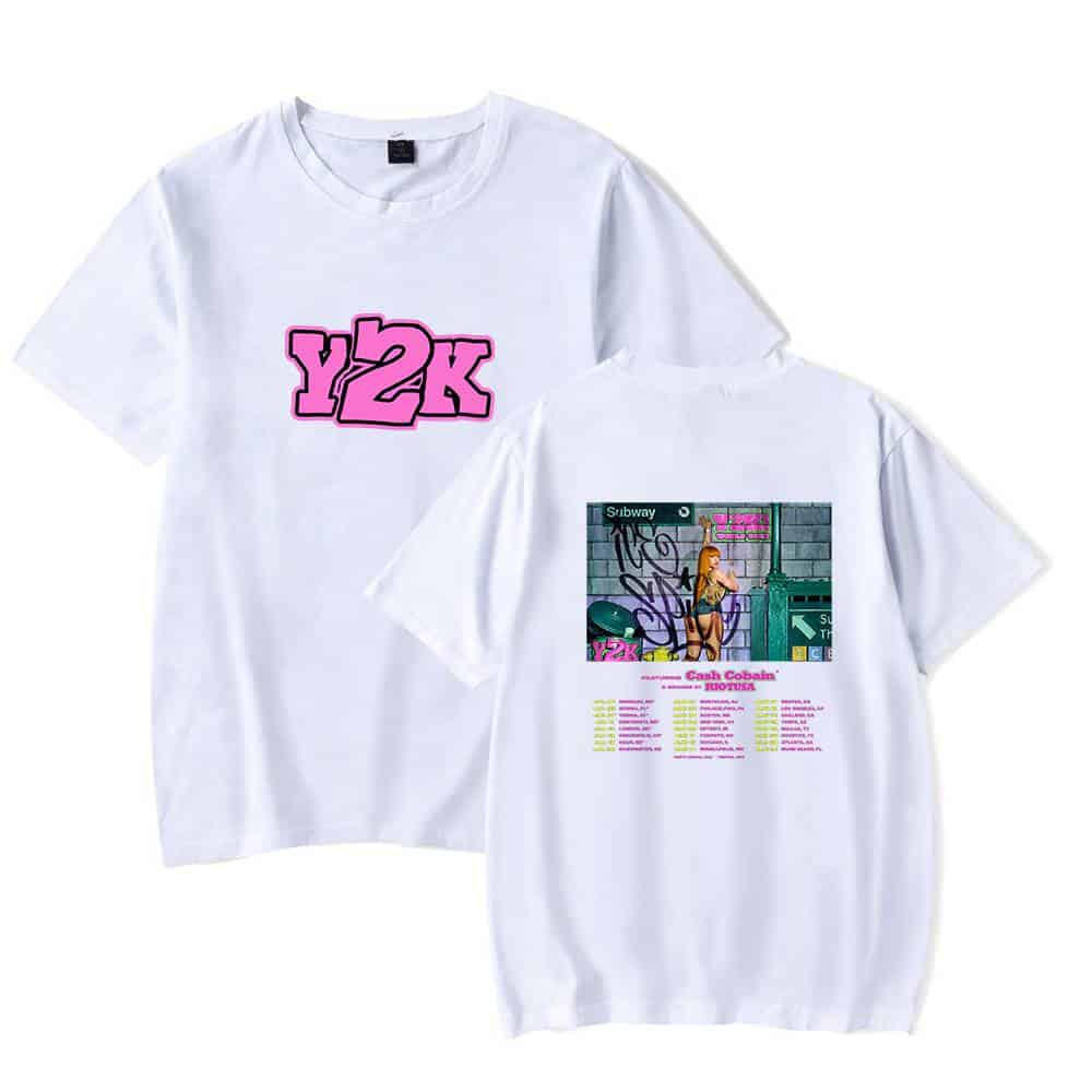 Y2K graphic t-shirt featuring a pink graffiti-style logo on the front and a colorful subway-inspired design with a woman on the back, perfect for nostalgia and streetwear fashion.
