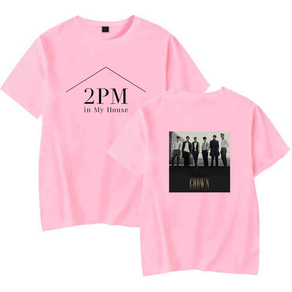 2PM in My House pink t-shirt with graphic and band photo merchandise.