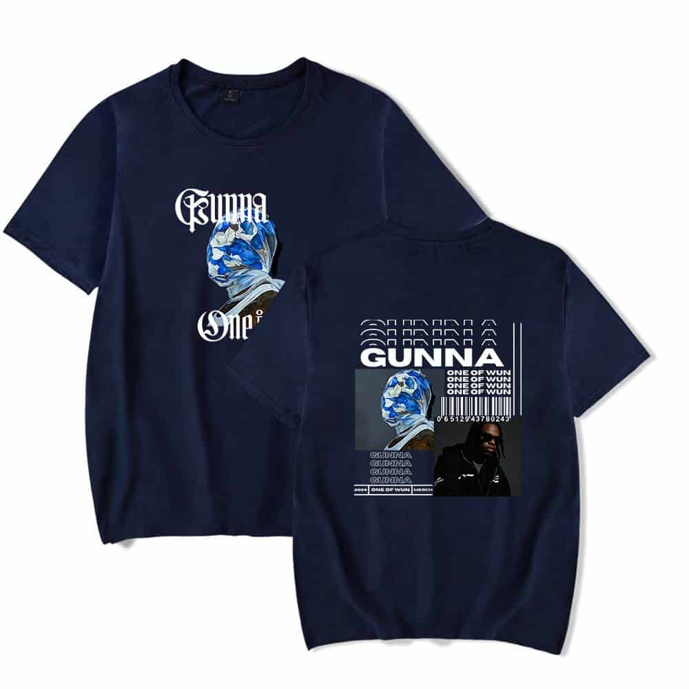 GUNNA merchandise t-shirts featuring streetwear-inspired graphic designs and barcode prints, perfect for fans to showcase their support and style.
