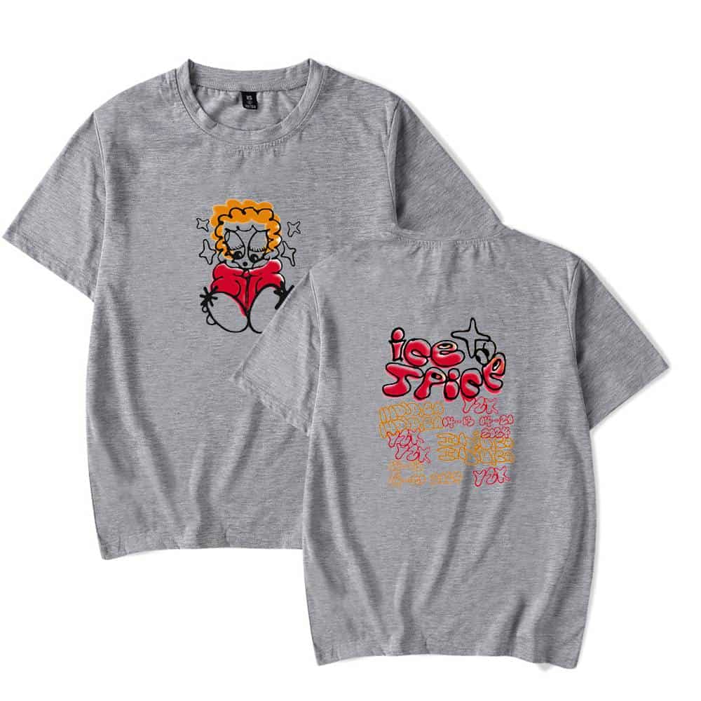 Bright gray t-shirt featuring colorful graphic designs, including a cartoon character with orange curly hair and glasses, along with stylized "ice space" text and abstract patterns. Perfect for casual wear or music festivals.