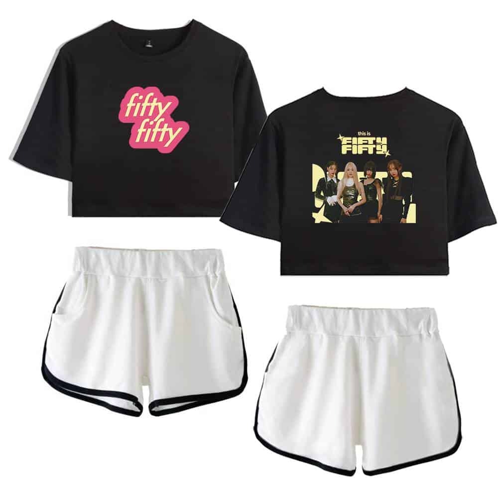 Fifty fifty t-shirt and shorts set with graphic design and band image, perfect for fans of the music group.