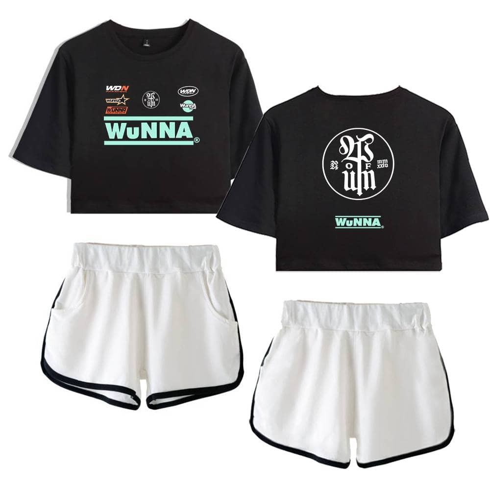 WU NNA black cropped T-shirt with logo and graphic print, paired with white athletic shorts with black trim, perfect for streetwear and casual athletic style.