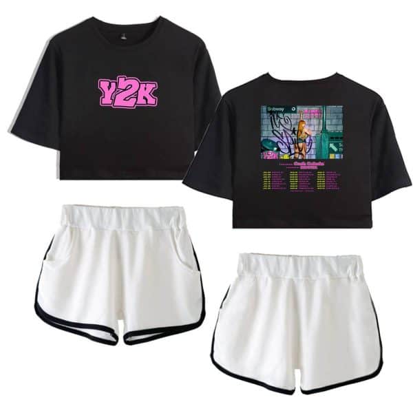 Y2k graphic cropped sweatshirt and shorts set with city street art print and logo design.