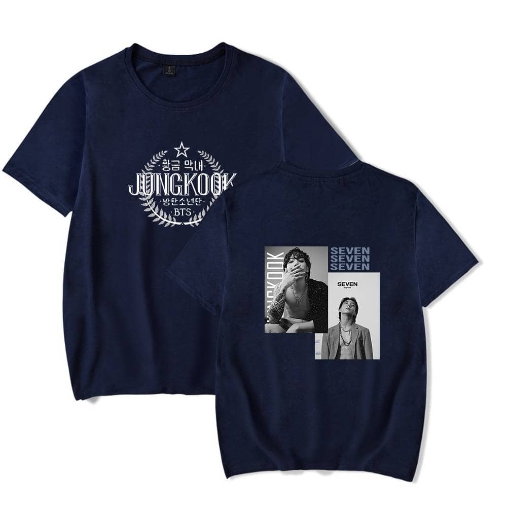 Jungkook and Seven BTS merchandise t-shirts featuring graphic designs and images of Jungkook, perfect for fans and everyday wear.