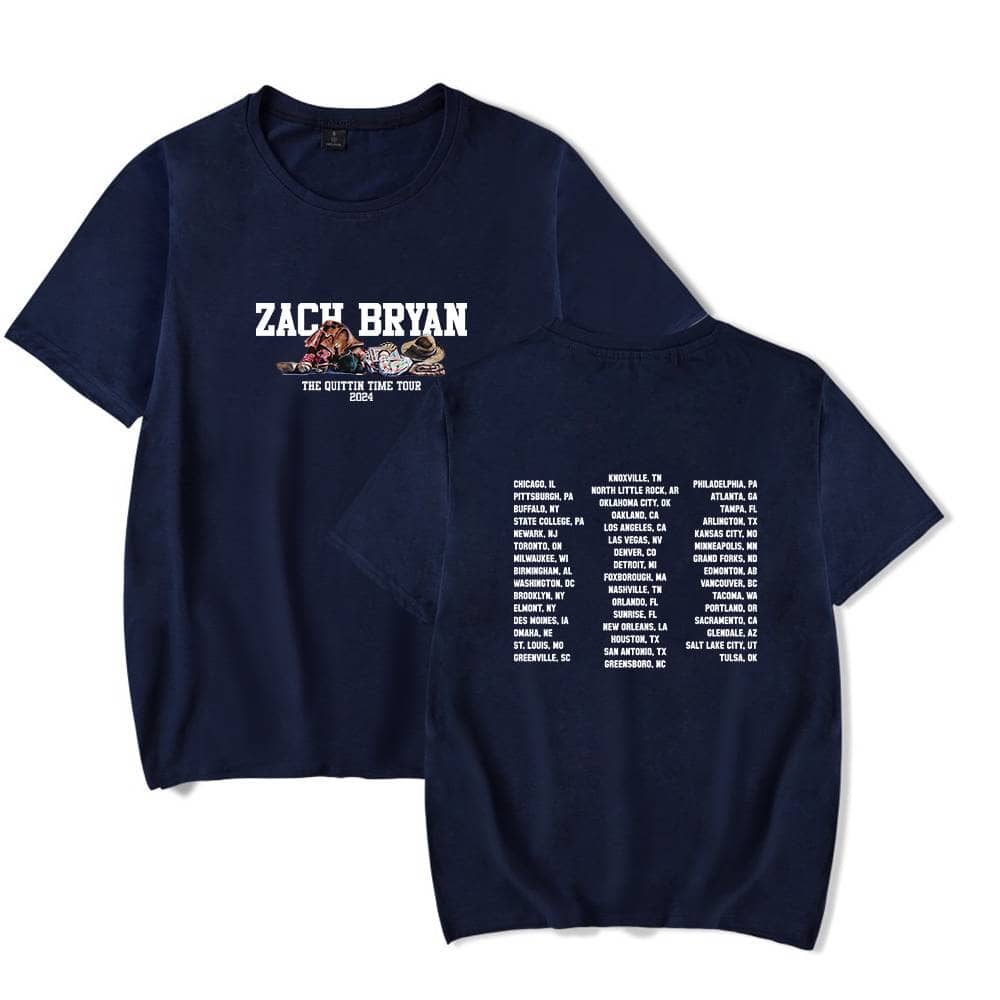 Zach Bryan tour merchandise t-shirt with city tour dates on the back and a graphic of a guitar and cowboy hat on the front.