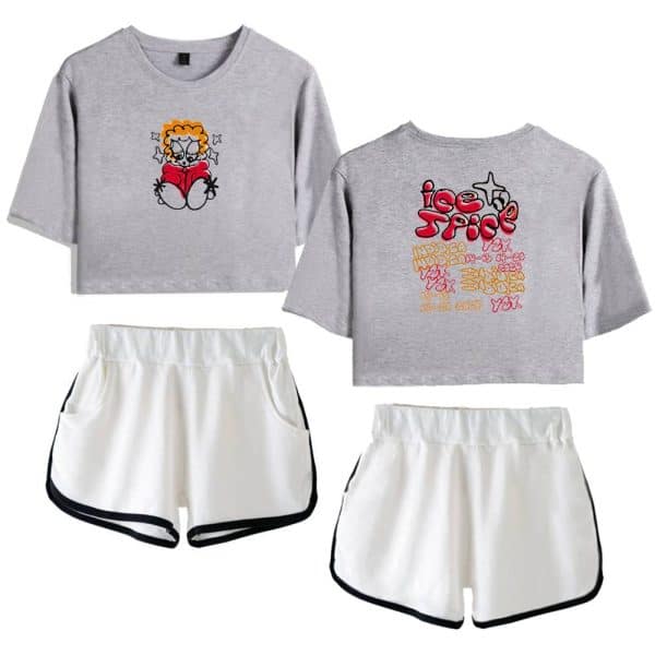 Soft gray crop top sweatshirt featuring a cartoon girl with curly hair holding a book, casual and trendy style for everyday wear.
