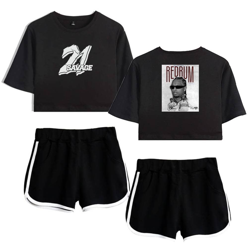 Black two-piece crop top and shorts set featuring graphic designs inspired by music artists, perfect for casual and streetwear fashion. The crop tops have bold printed images and text, paired with matching athletic shorts.