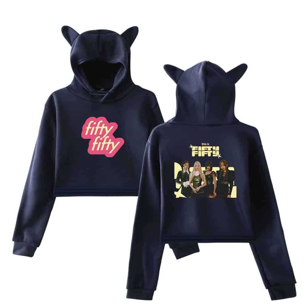 Fifty fifty hoodies with bear ears, featuring graphic prints of the girl group Fifty Fifty. stylish and trendy fan merch for K-pop enthusiasts. perfect for casual wear and fan gatherings.