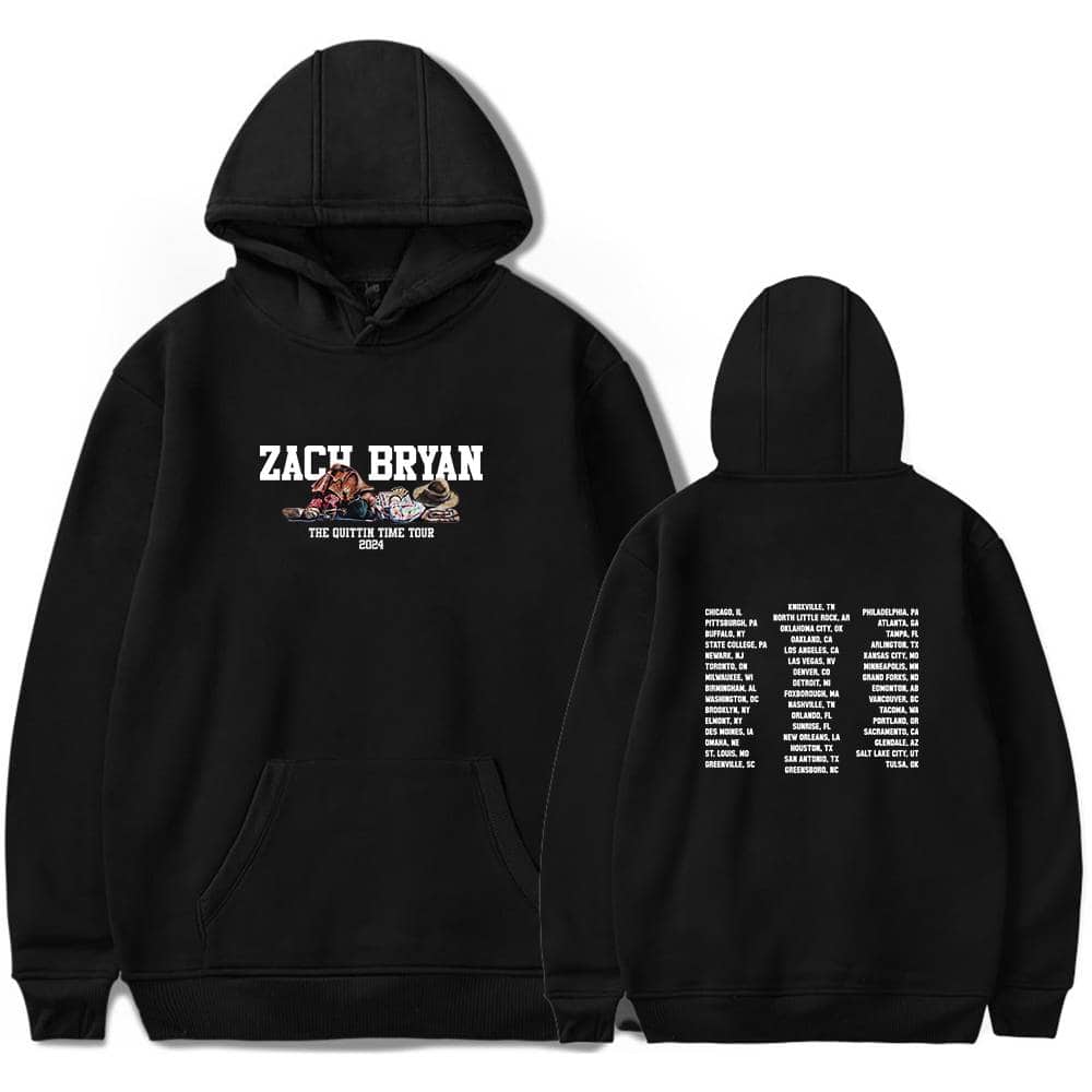 Zach Bryan hoodie featuring tour dates and graphic artwork for his 2024 "The Quittin Time Tour" in black color.