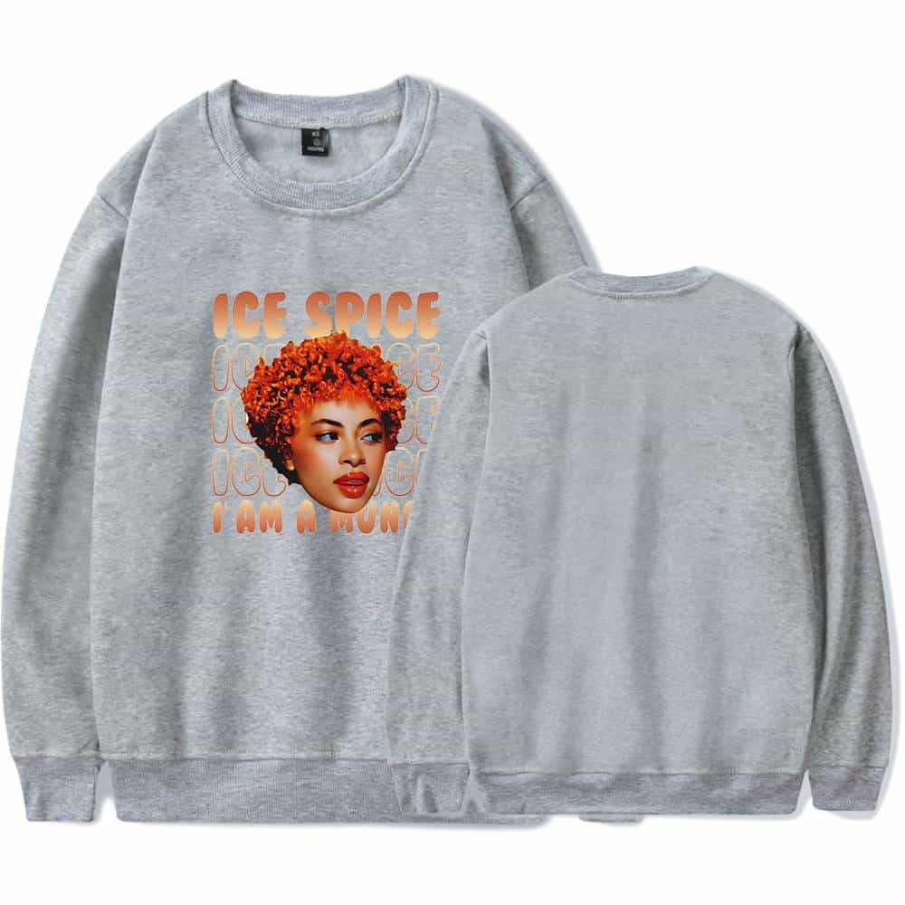 Ice spice crewneck sweatshirt with graphic print of a woman with orange curly hair and the text "Ice Spice I Am A Hun" in bold letters.