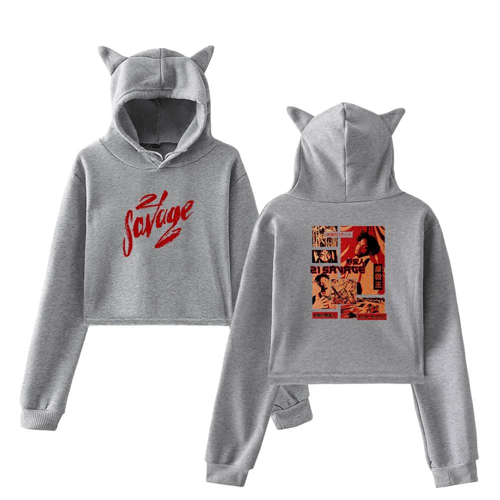 2. Gray hoodie set with "2 Savage" text on front and anime-inspired graphic on back, featuring a hood with cat ears for a cute, edgy look.