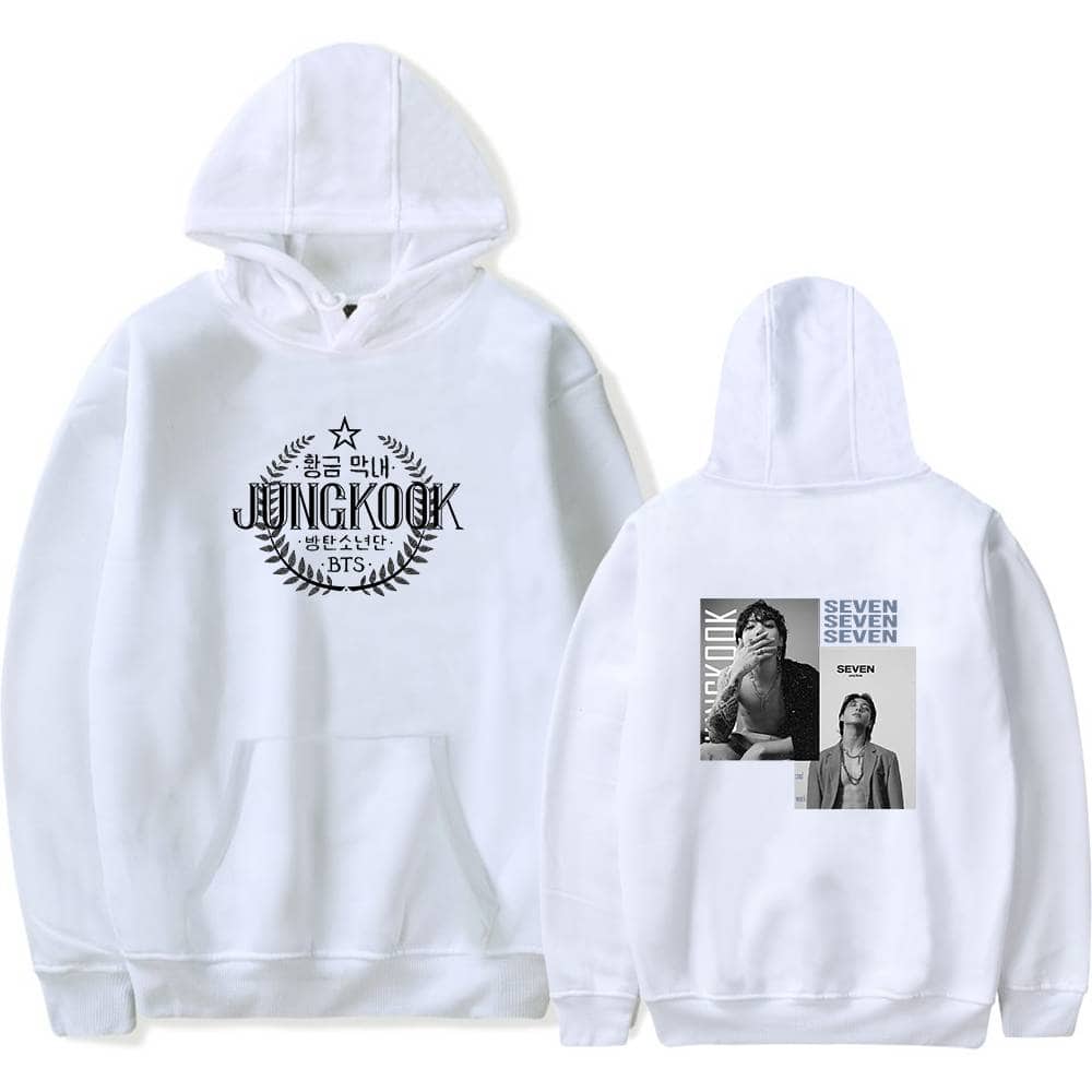 Jungkook BTS white hoodie with black graphic designs, lyrics, and photo prints, perfect for fans of the K-pop star and band.