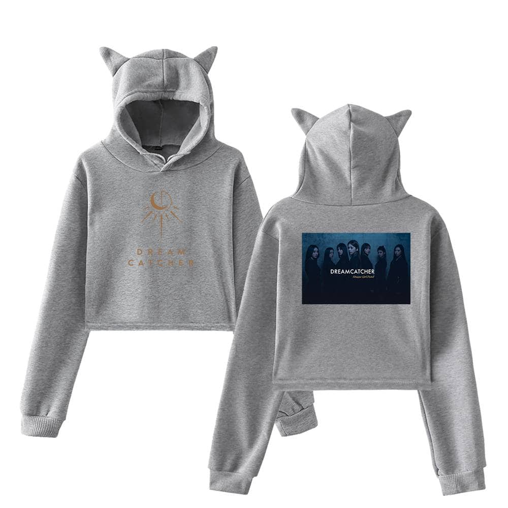 Dream catcher hoodie with cat ears, grey color, front and back design, youthful and stylish women's or girls' casual sweatshirt, perfect for fans of the tv series Dreamcatcher.