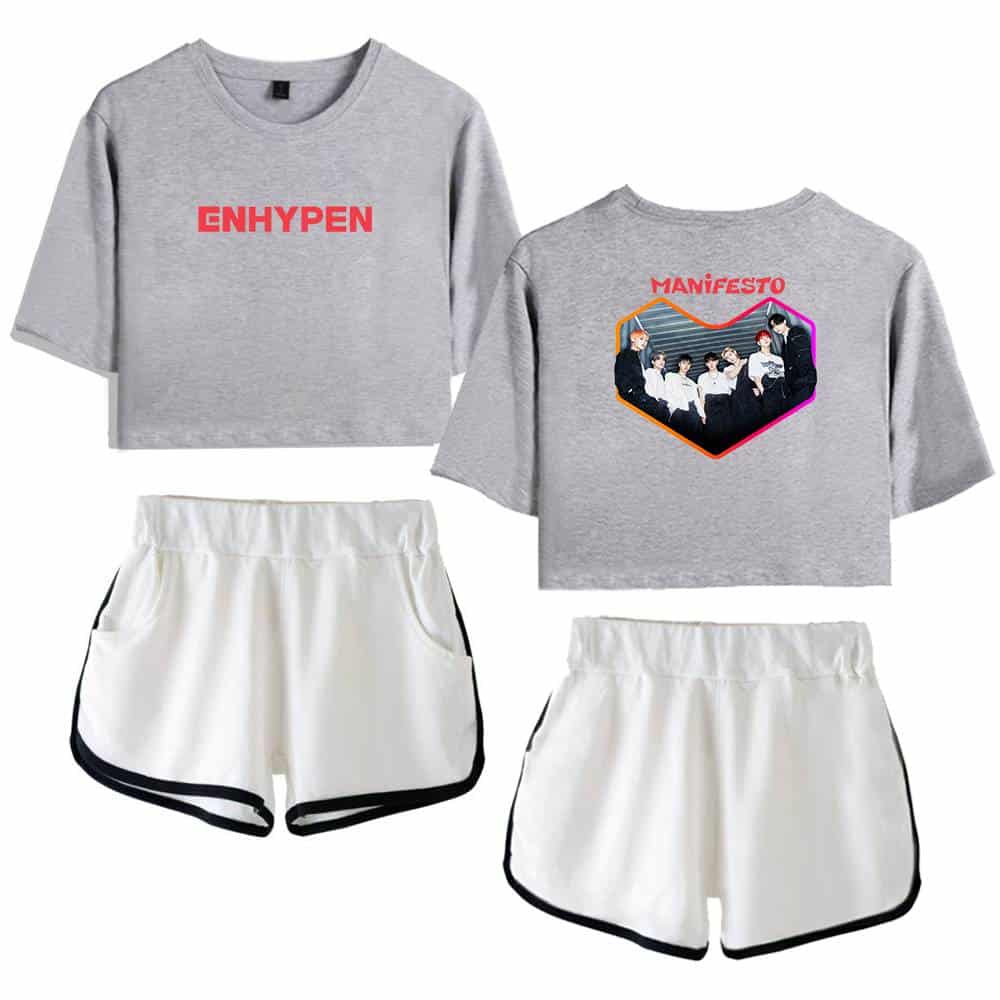 ENHYPEN merchandise crop top and shorts set featuring a graphic design of the K-pop group's debut showcase, with bright colors and bold text. Perfect for fans to show support and style.