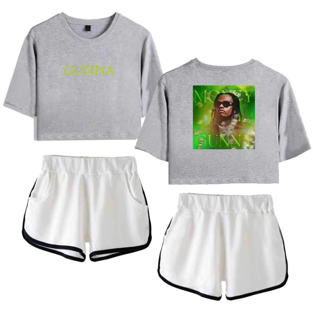 Gunna T-shirt and shorts set, casual streetwear with a graphic print on the back, perfect for fans and everyday wear.