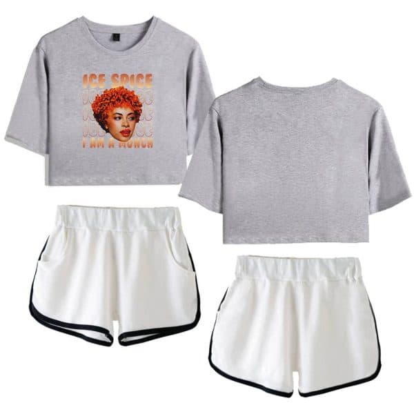 Comfortable grey cropped sweatshirt with a vibrant graphic print of a woman with curly hair and the text "Ice Spice I Am A Woman." Paired with white athletic shorts featuring black trim, ideal for casual or activewear.