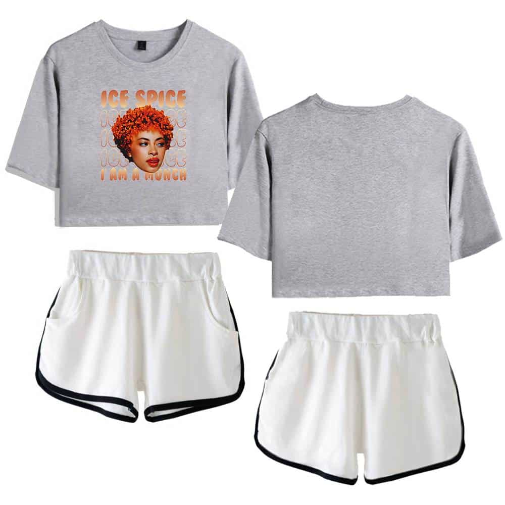 Comfortable grey cropped sweatshirt with a vibrant graphic print of a woman with curly hair and the text "Ice Spice I Am A Woman." Paired with white athletic shorts featuring black trim, ideal for casual or activewear.