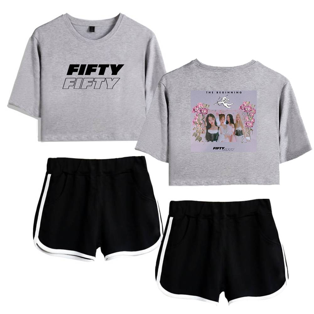 Fifty Fifty women's casual streetwear set featuring graphic crop tops and black athletic shorts with white trim. Perfect for comfortable, trendy outfits.