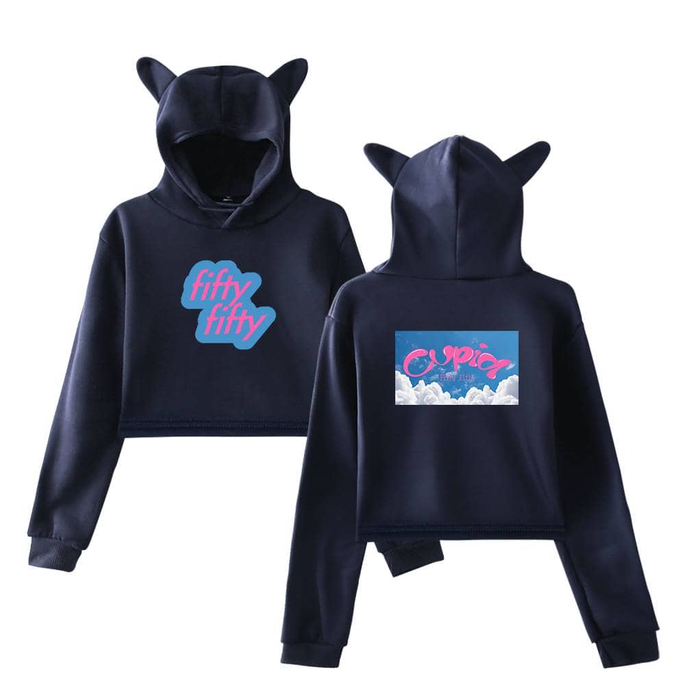 Fifty fifty hoodie with cat ears, black fleece sweatshirt with colorful logo designs, fun and stylish casual wear for kids and teenagers, cozy and trendy streetwear fashion.
