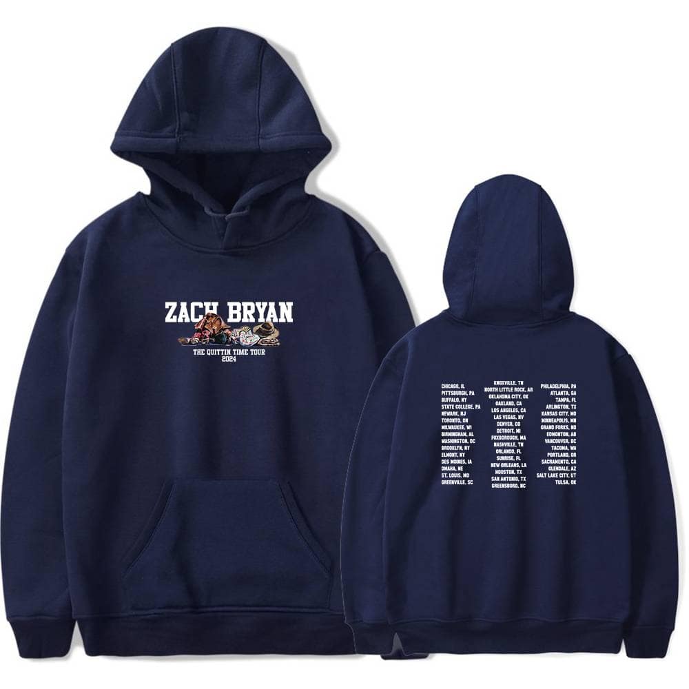 Zach Bryan hoodie with tour dates printed on the back and a graphic of a bear with a guitar on the front, perfect for fans.