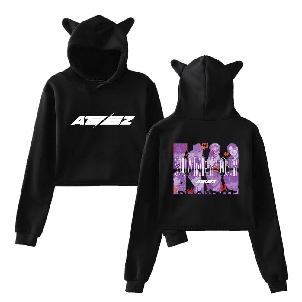 AEEZ black hoodie with cat ears, featuring summer tour graphic and logo for stylish casual wear. Perfect for fans and trendy streetwear enthusiasts.