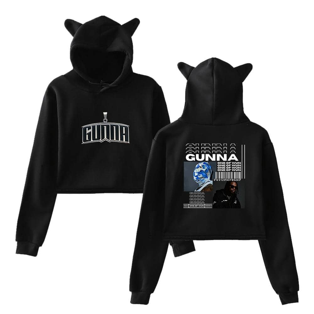 GUNNA hoodie with graphic print, featuring a bear motif and barcode design, perfect for streetwear fans and hip-hop enthusiasts.