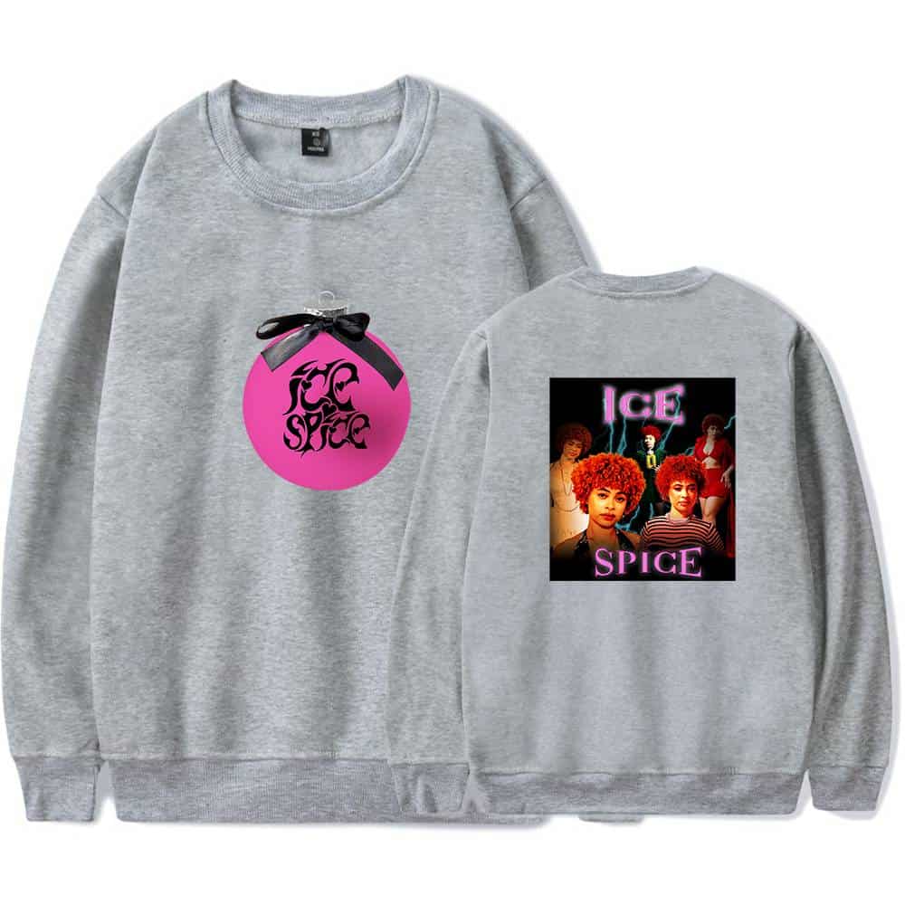 Pink ornament with black bow and "Ice Spice" text, sweatshirt merchandise for fans.