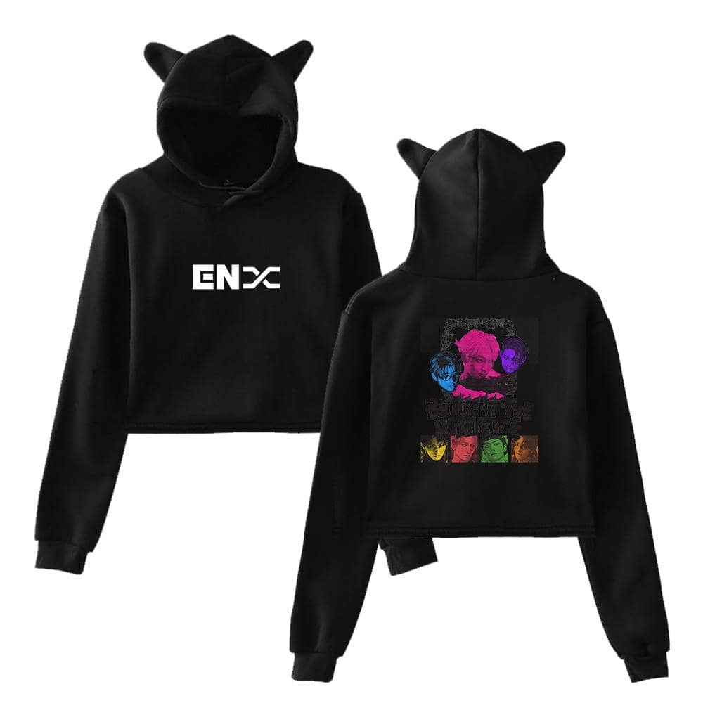 ENX logo hoodie with animal ear hood design, perfect for streetwear and casual looks. Made from comfortable materials, featuring fun animal ear details on the hood.