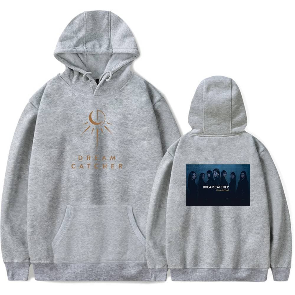 DREAM CATCHER hoodie featuring a moon and sun design, with the text “DREAM CATCHER” on the front, and an artistic image of a girl group on the back, ideal for fans of the K-pop group.
