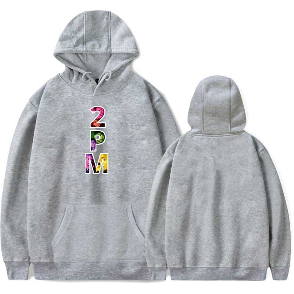 A gray hoodie with colorful "2 P M" text vertically printed on the front, featuring a front pocket and adjustable drawstrings.