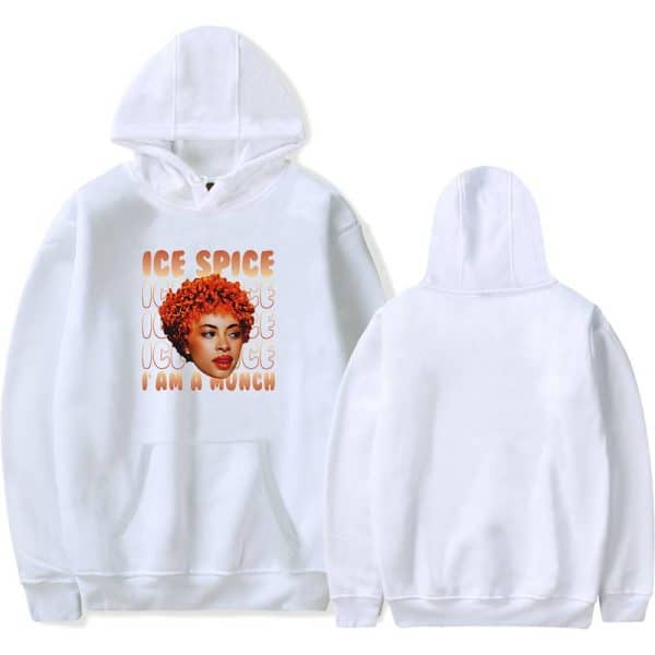 Ice Spice hoodie with graphic print of Ice Spice and the text "I am a Munch", featuring a vibrant image of the artist with curly orange hair. Comfortable, stylish, and perfect for fans of the rapper.