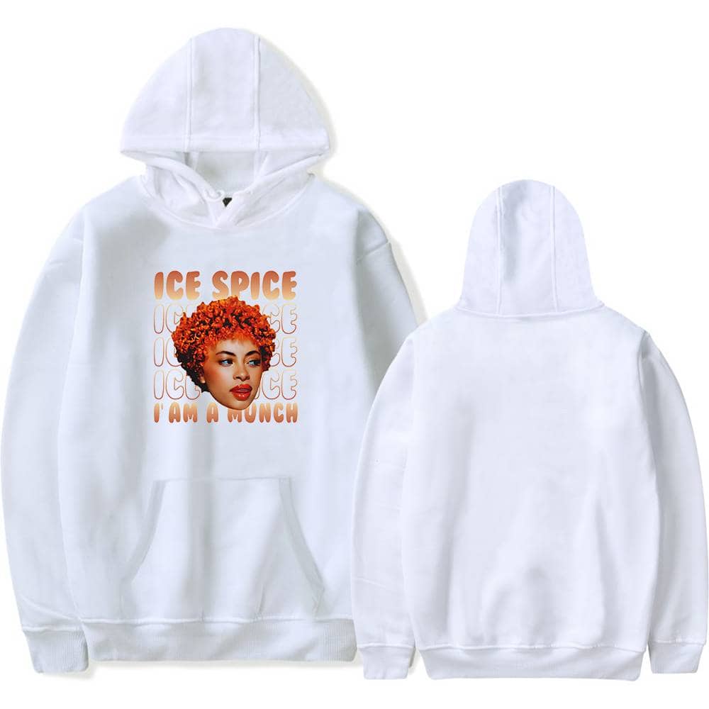 Ice Spice hoodie with graphic print of Ice Spice and the text "I am a Munch", featuring a vibrant image of the artist with curly orange hair. Comfortable, stylish, and perfect for fans of the rapper.