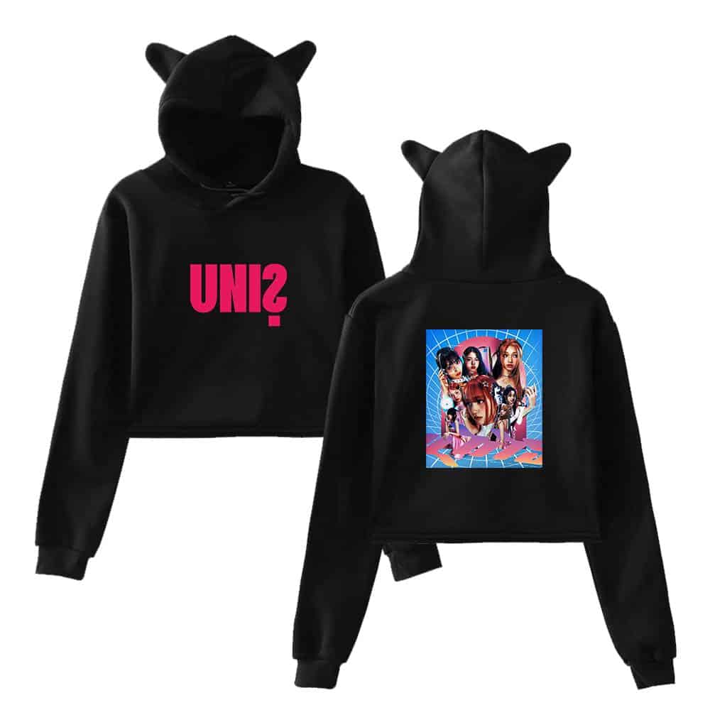 UNIS hoodie with a neon pink logo on the front and a colorful K-pop girl group graphic on the back, featuring playful cutie-pie design, perfect for fans of the band, comfortable and trendy.