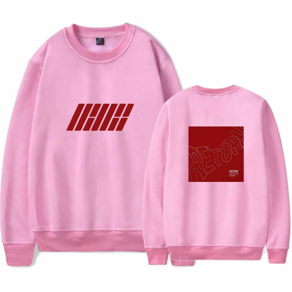 IHIK pink sweatshirt with bold red graphic design on front and back, featuring stylized text and logo, perfect for casual streetwear fashion.
