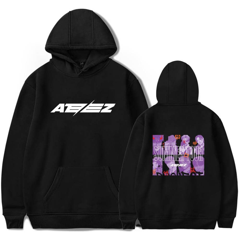 AEEZ hoodie featuring bold front logo and colorful back graphic design for summer tour fans. Perfect for casual wear and concert events, blending comfortable style with eye-catching artwork.