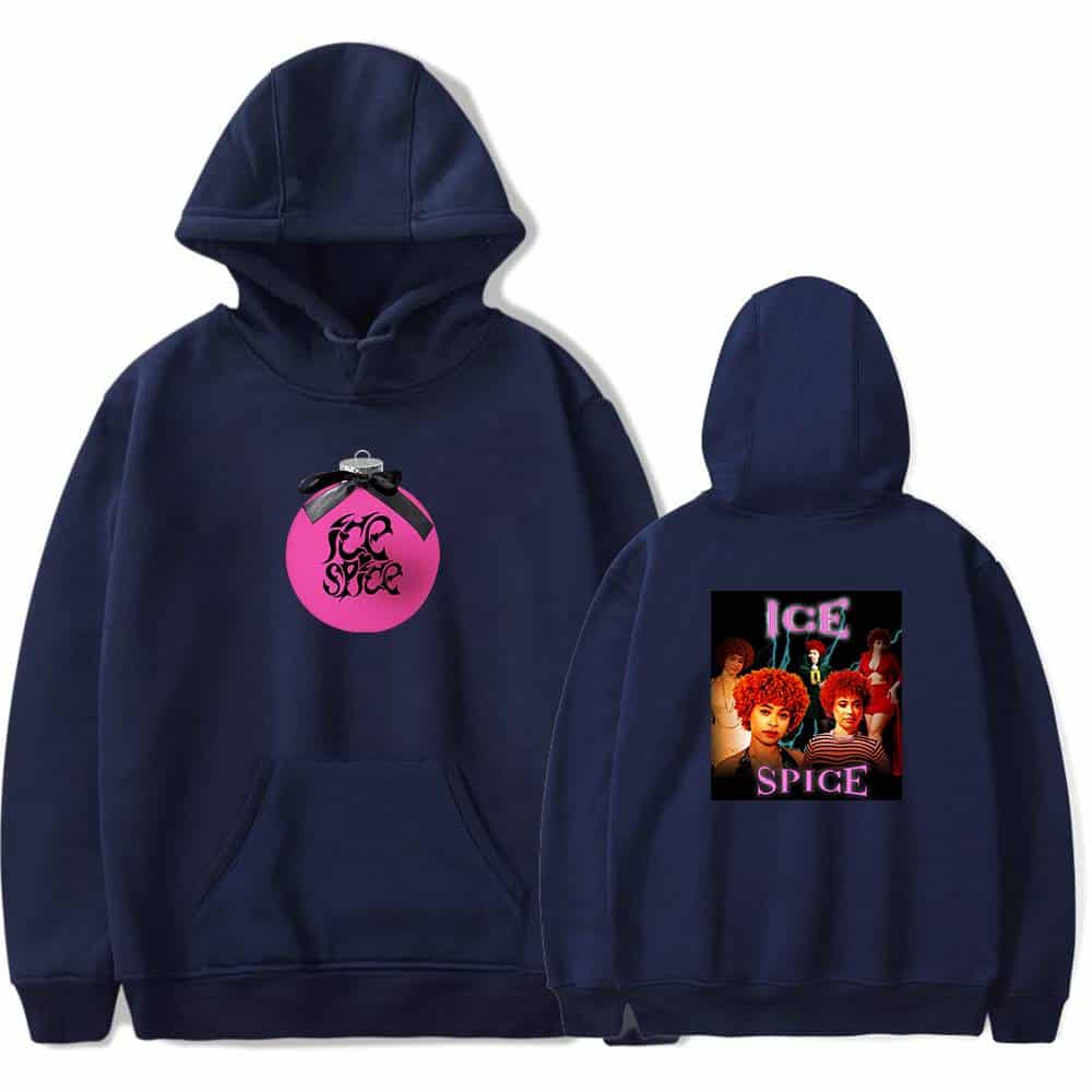 Blue hoodie with ICE SPICE graphic print, front and back.