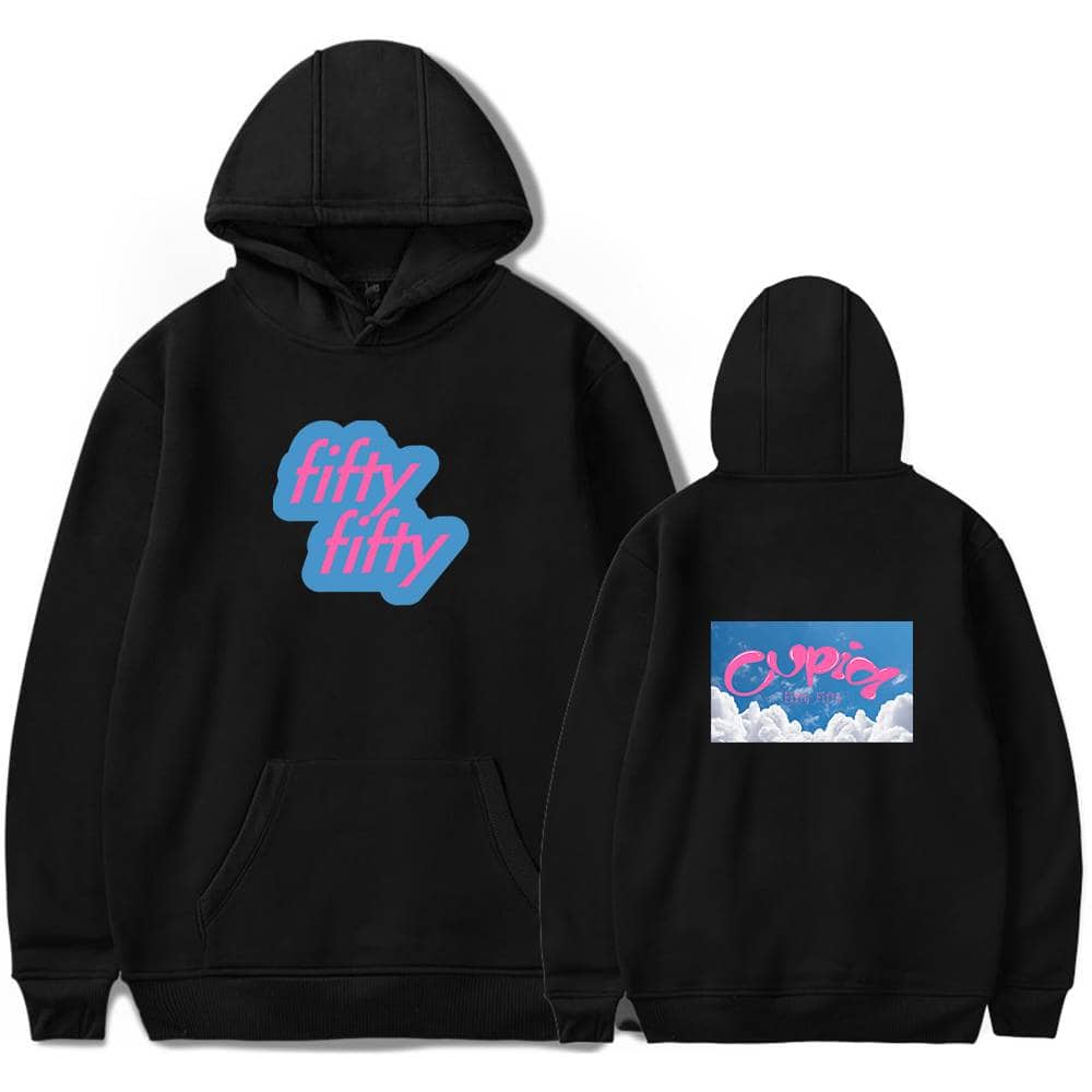 Fifty fifty hoodie with pink and blue graphic text on front, and cloud-themed artwork with "Cupia" on back.