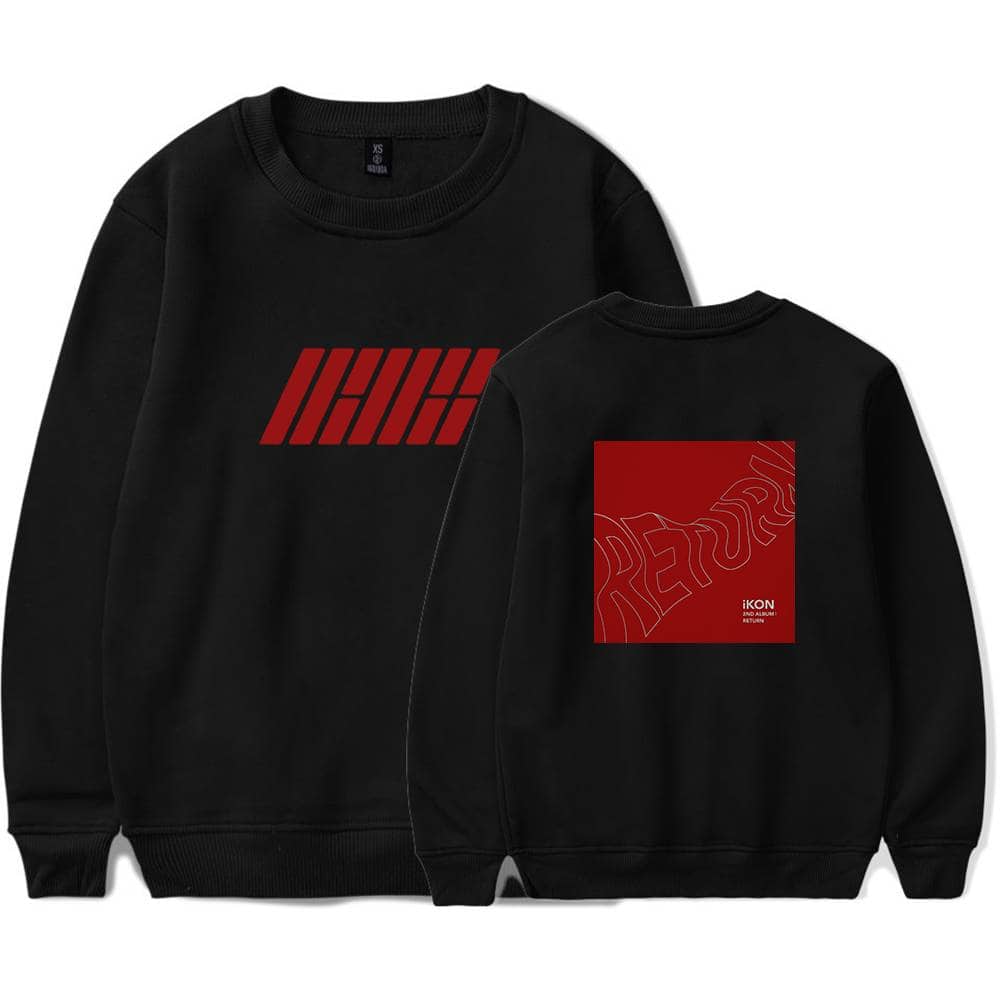 IHHiKON album merchandise hoodie with bold red graphic designs on black fabric, perfect for fans of the artist's latest release. Unisex sweatshirt featuring front and back artwork.