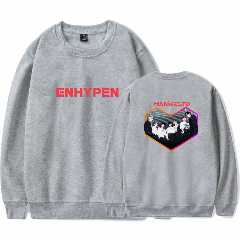 ENHYPEN sweatshirt with front text and back photo design, perfect for fans of the K-pop group and streetwear fashion. Comfortable, stylish, and showcasing group branding.